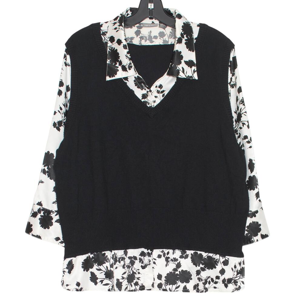 Layered Sweater Vest Top Floral Black White Plus Size 1X Preppy Business Casual
